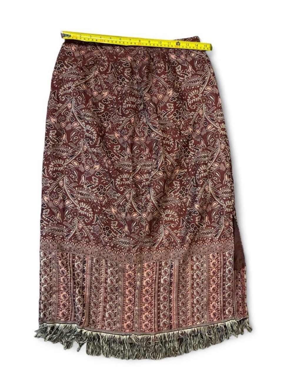Boho Paisley Fringe Midi Skirt in Burgundy and Cream - size 6p